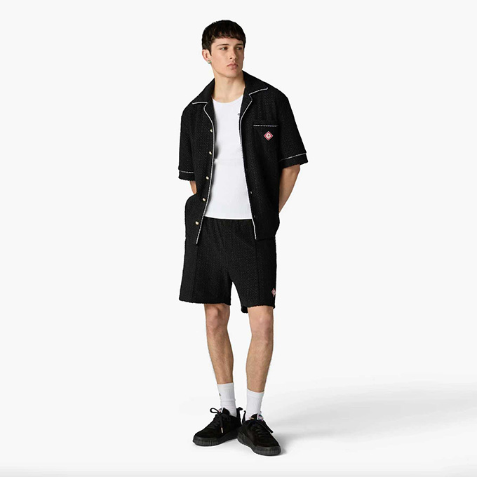 casablanca black jacquard terry piped trim camp collar shirt & shorts
